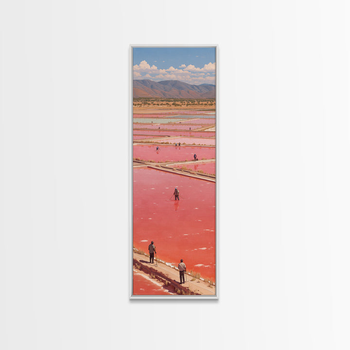 African Pink Salt Ponds With Mountains Wall Art, Lake Retba Workers Landscape Print, Vibrant Travel Decor For Living Room