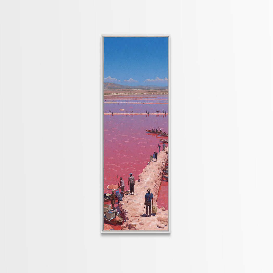 Panoramic Pink African Lake Harbor With Boats Canvas Print, Salt Flat Landscape, Travel Wall Decor Gift For Living Room Art