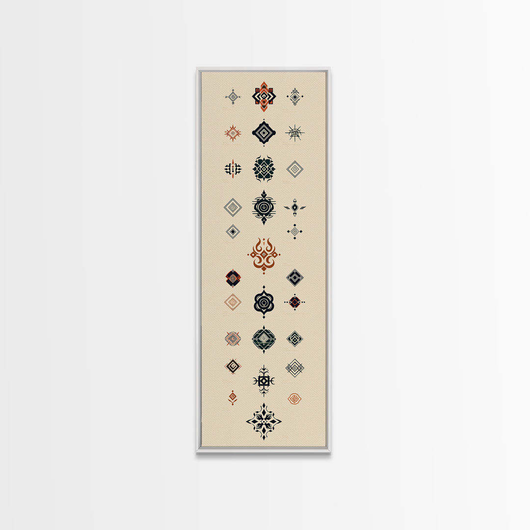 Minimal African Pattern Wall Art, Boho Tribal Symbols, Beige Orange Navy Motifs, Afrocentric Textile Inspired Canvas Print