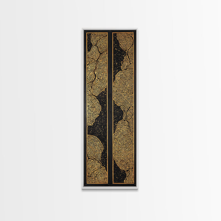 Gold Black African City Map Canvas Print, Diptych Style Tribal Pattern Wall Art, Geometric Luxury Home Decor Statement Piece
