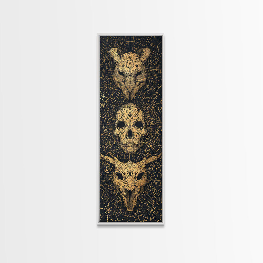 Golden Animal Skull Totem Wall Art, Dark Gothic Canvas Print, Tribal Mystical Home Decor, Unique Occult Statement Poster Gift