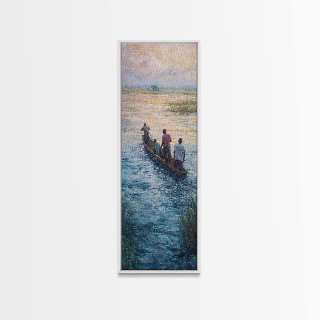 African Canoe River Landscape Wall Art, Fishermen On Water Canvas Print, Serene Safari Cultural Home Decor Gift For Him