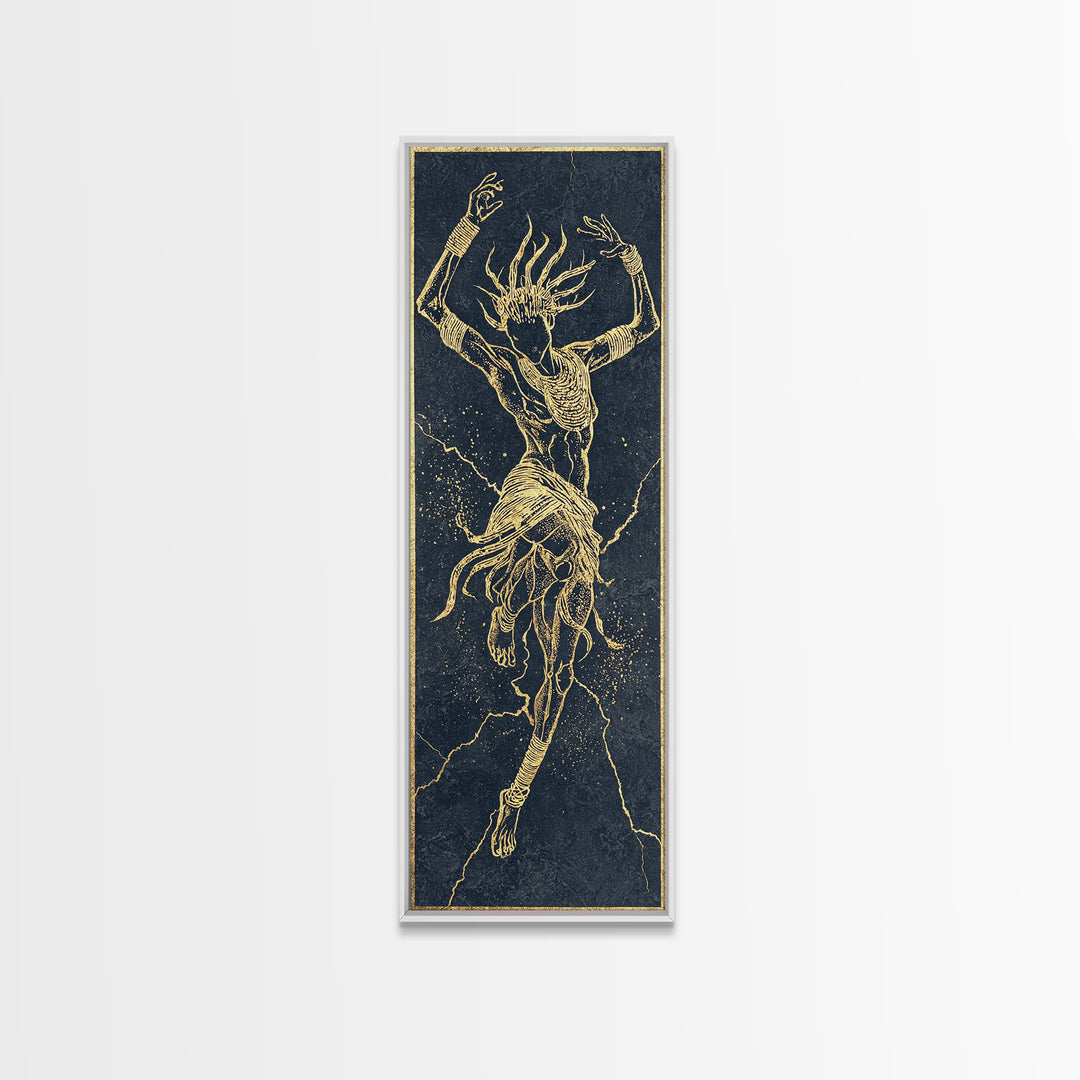 Golden Spirit Dancer Framed Canvas Print, Abstract African Woman Art, Mystical Black And Gold Tribal Wall Decor For Bedroom