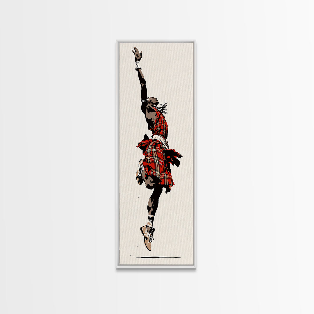 Leaping Maasai Warrior Canvas Print, African Tribal Dance Wall Art, Red Fabric Culture Decor For Bold Modern Living Room Decor