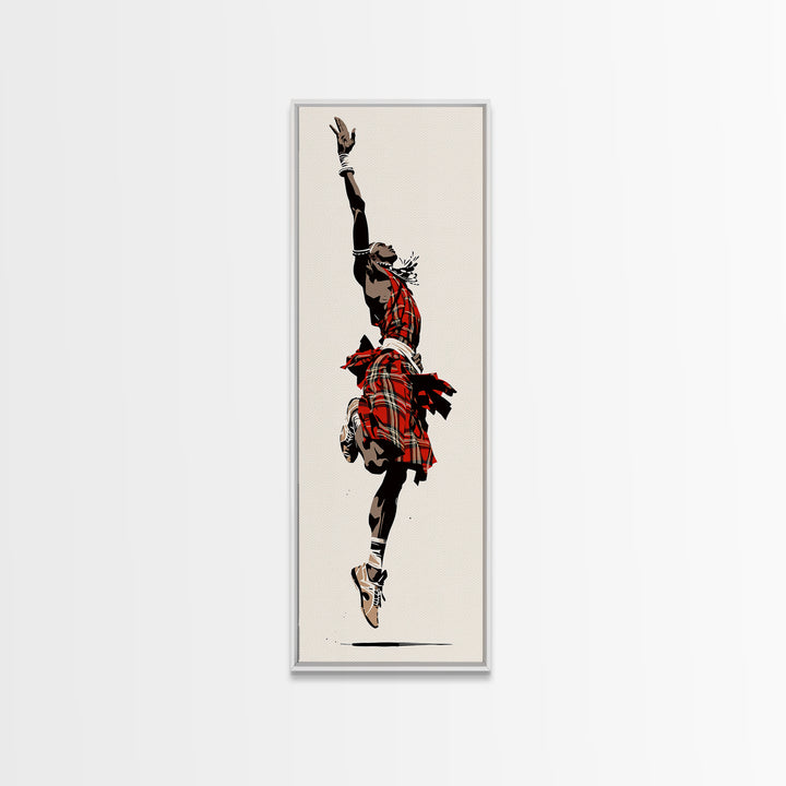 Leaping Maasai Warrior Canvas Print, African Tribal Dance Wall Art, Red Fabric Culture Decor For Bold Modern Living Room Decor