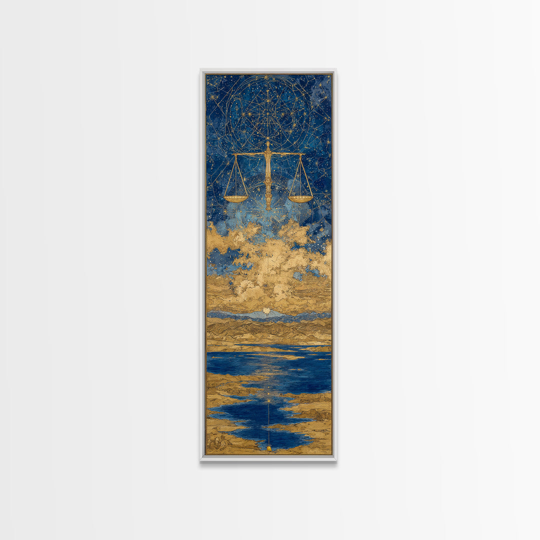 Golden Libra Scales Wall Art, Celestial Zodiac Canvas Print, Blue Ocean Astrology Decor For Modern Bedroom And Living Room Decor Gift