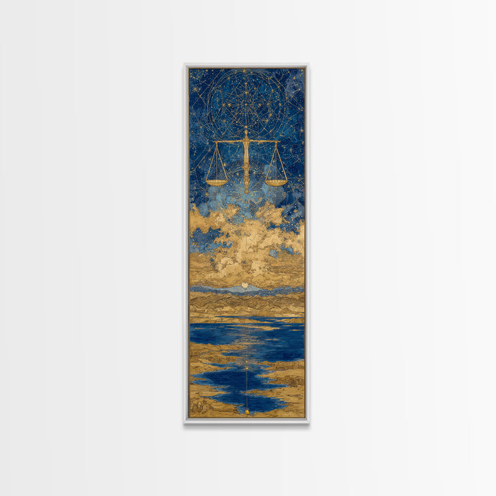 Golden Libra Scales Wall Art, Celestial Zodiac Canvas Print, Blue Ocean Astrology Decor For Modern Bedroom And Living Room Decor Gift