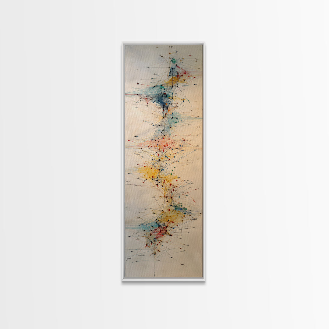 Delicate Abstract Network Wall Art, Teal Red Yellow Line Painting Canvas Print, Modern Minimalist Office Decor Gift For Home