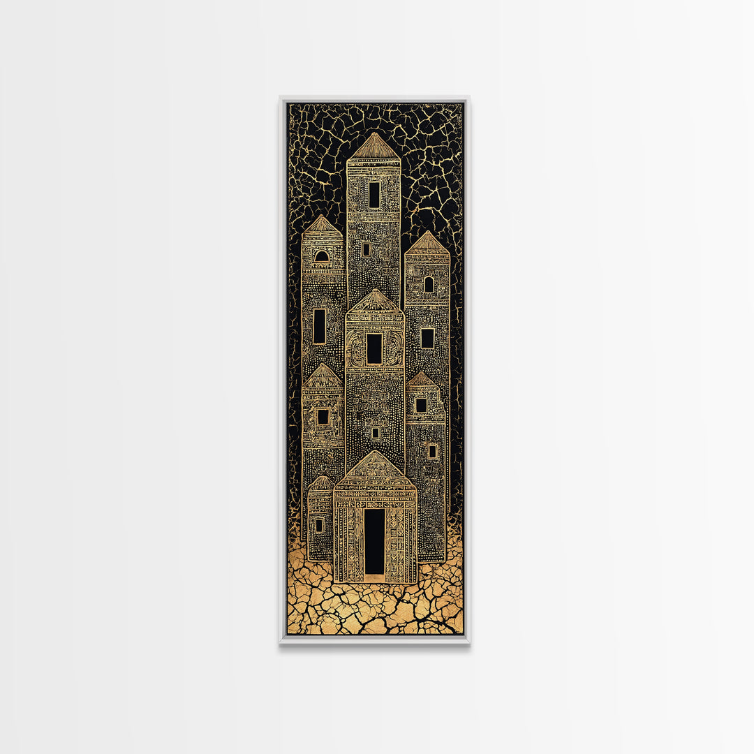 Gold Tribal Desert Towers Wall Art, Black African Architecture Canvas Print, Ancient Village Pattern Home Decor Gift For Him