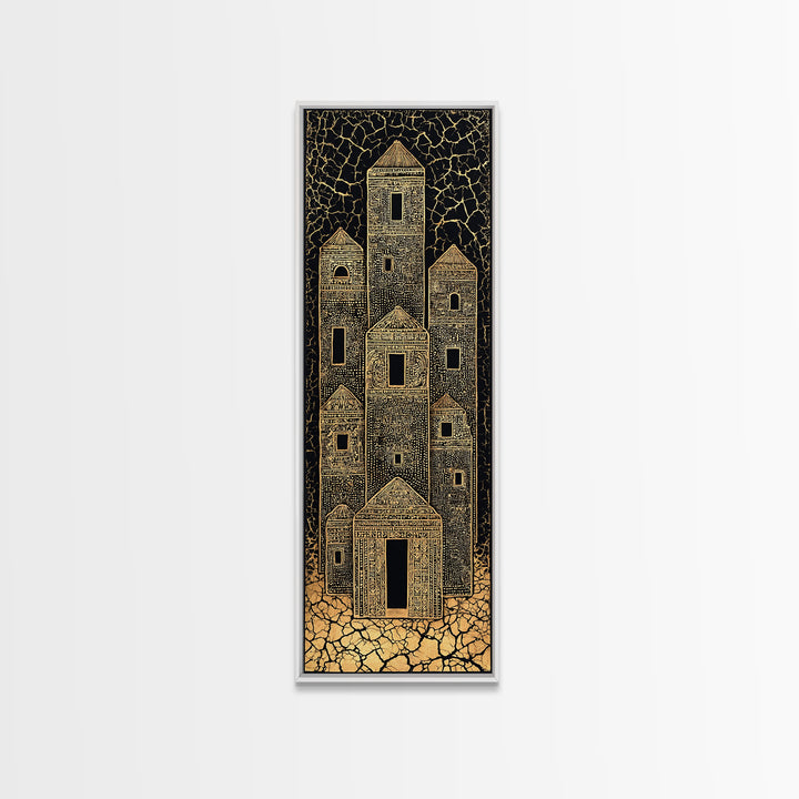 Gold Tribal Desert Towers Wall Art, Black African Architecture Canvas Print, Ancient Village Pattern Home Decor Gift For Him