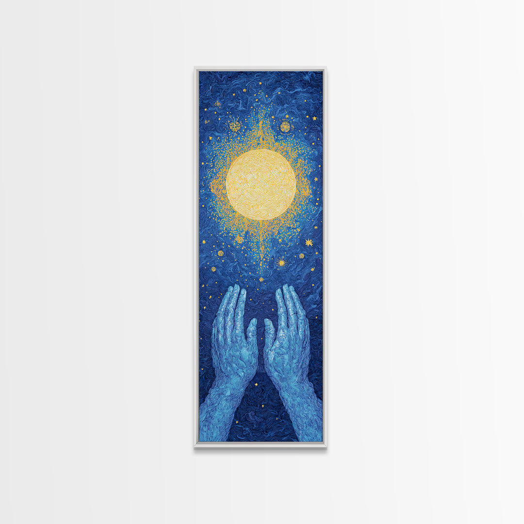 Glowing Celestial Sun Between Blue Hands Wall Art, Spiritual Wall Art, Mystical Wall Art, Starry Blue Home Decor Gift Idea