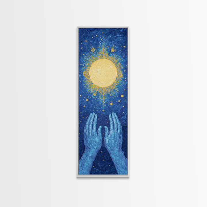 Glowing Celestial Sun Between Blue Hands Wall Art, Spiritual Wall Art, Mystical Wall Art, Starry Blue Home Decor Gift Idea