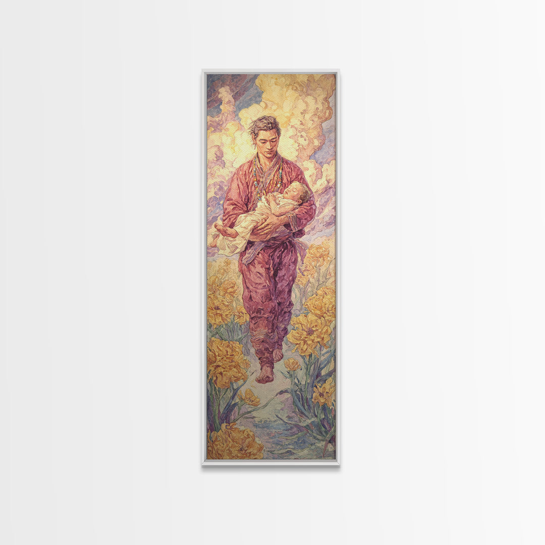 Gentle Shepherd Carrying Lamb Through Golden Flowers Framed Canvas Print, Spiritual Wall Art, Painting, Meaningful Gift For Home