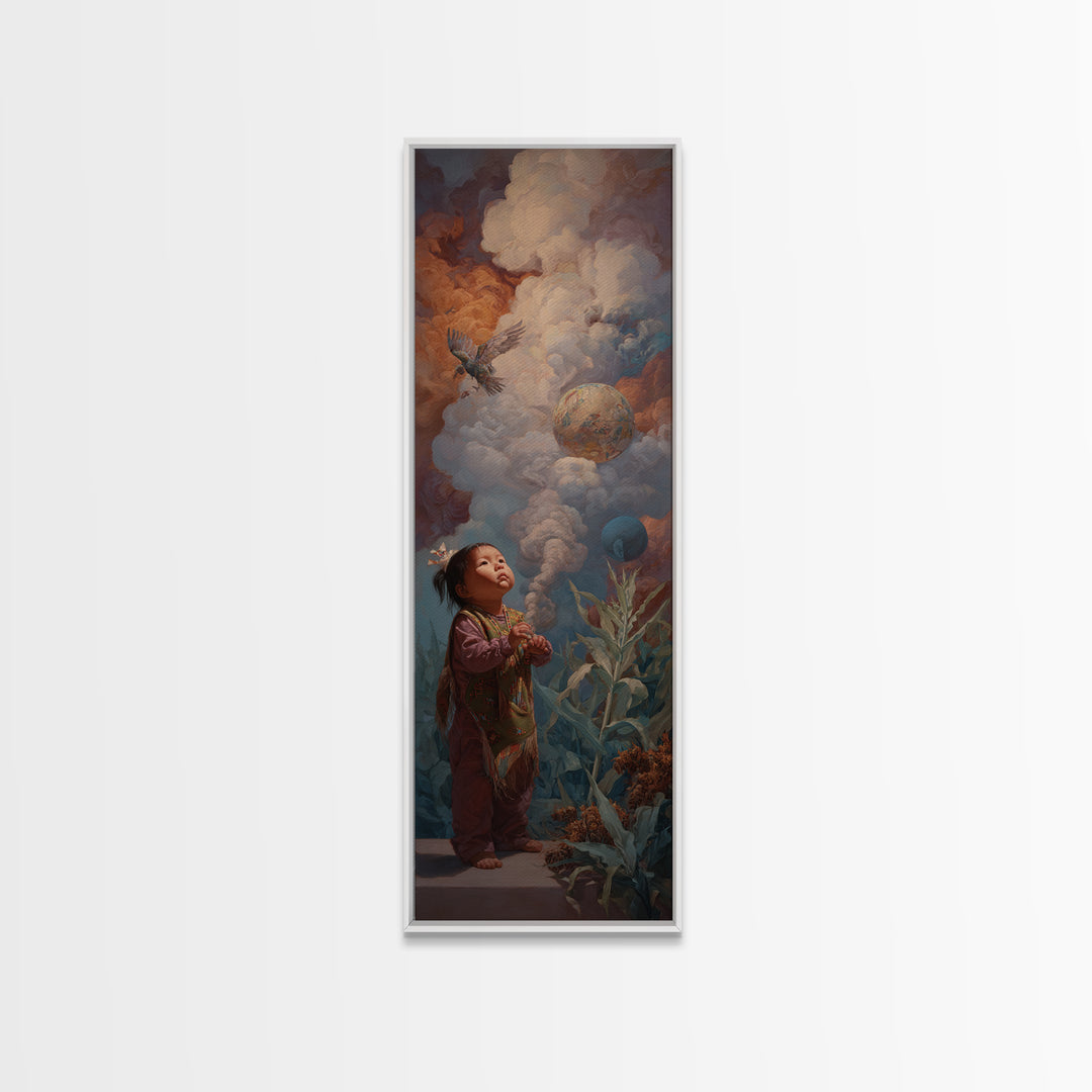 Wondering Child Beneath Cloud Birds And Planets Canvas Print, Dreamy Wall Art, Nature Scene Art, Unique Home Decor Gift Idea