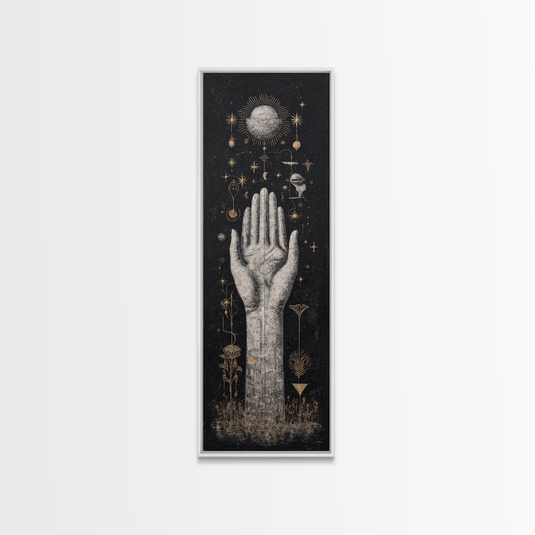 Mystical Palm Reaching Toward Moon And Stars Wall Art, Spiritual Wall Art, Black And Gold Art, Botanical Decor Gift For Her