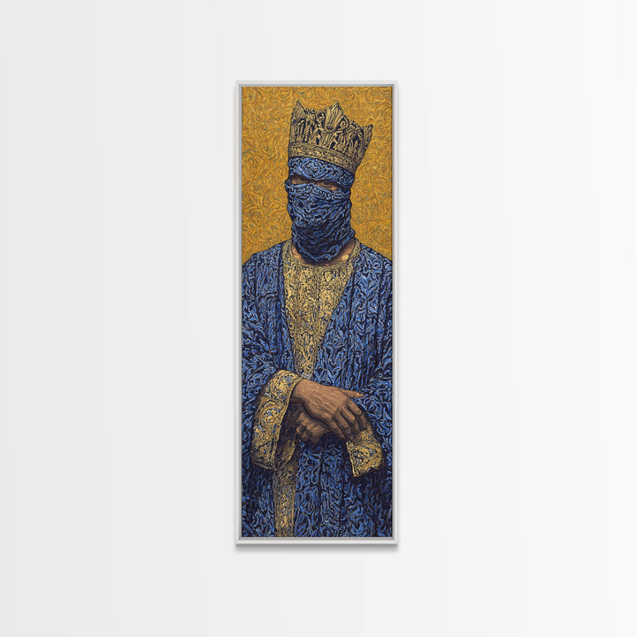 Masked African King In Blue And Gold Framed Canvas Print, Royal Portrait Wall Art, Luxury Afrocentric Cultural Home Decor