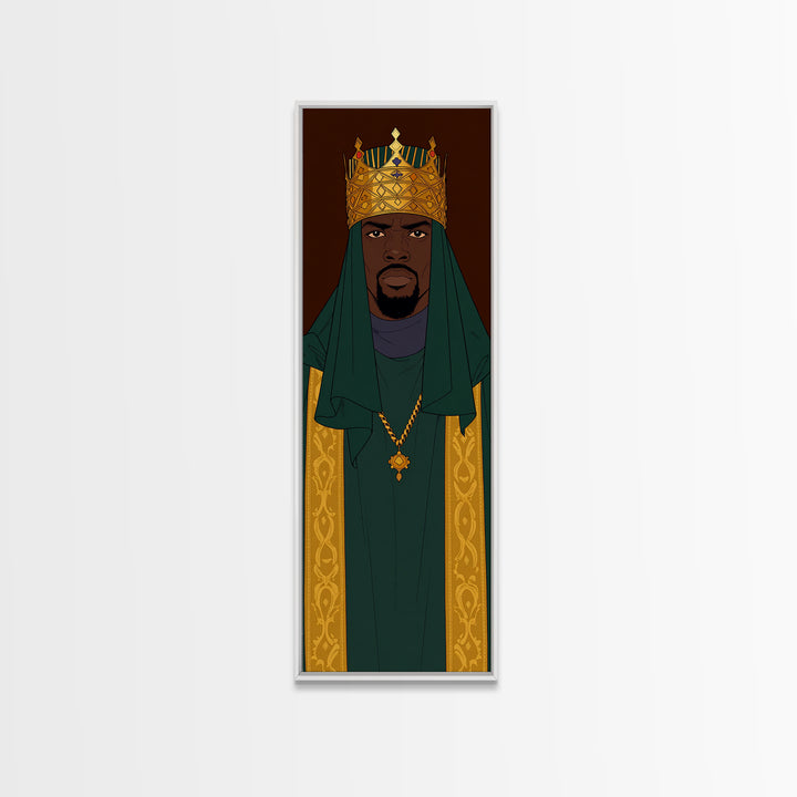 Green Veiled African King With Gold Crown Canvas Print, Black Man Portrait Wall Art, Royal Afrocentric Home Decor Gift For Him