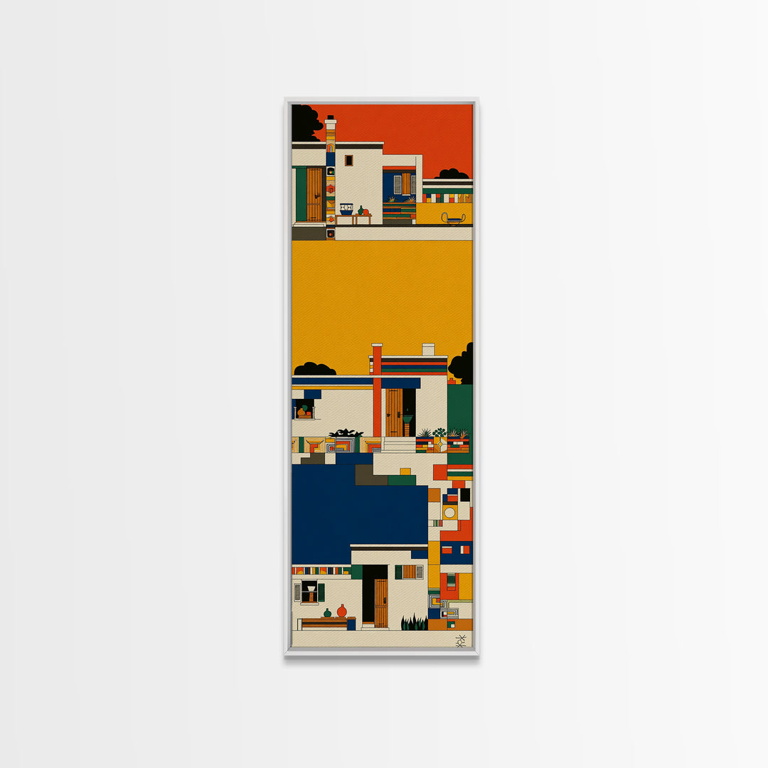 Colorful African Village Houses Wall Art, Geometric Architecture Canvas Print, Afrocentric Home Decor, Modern Tribal Poster