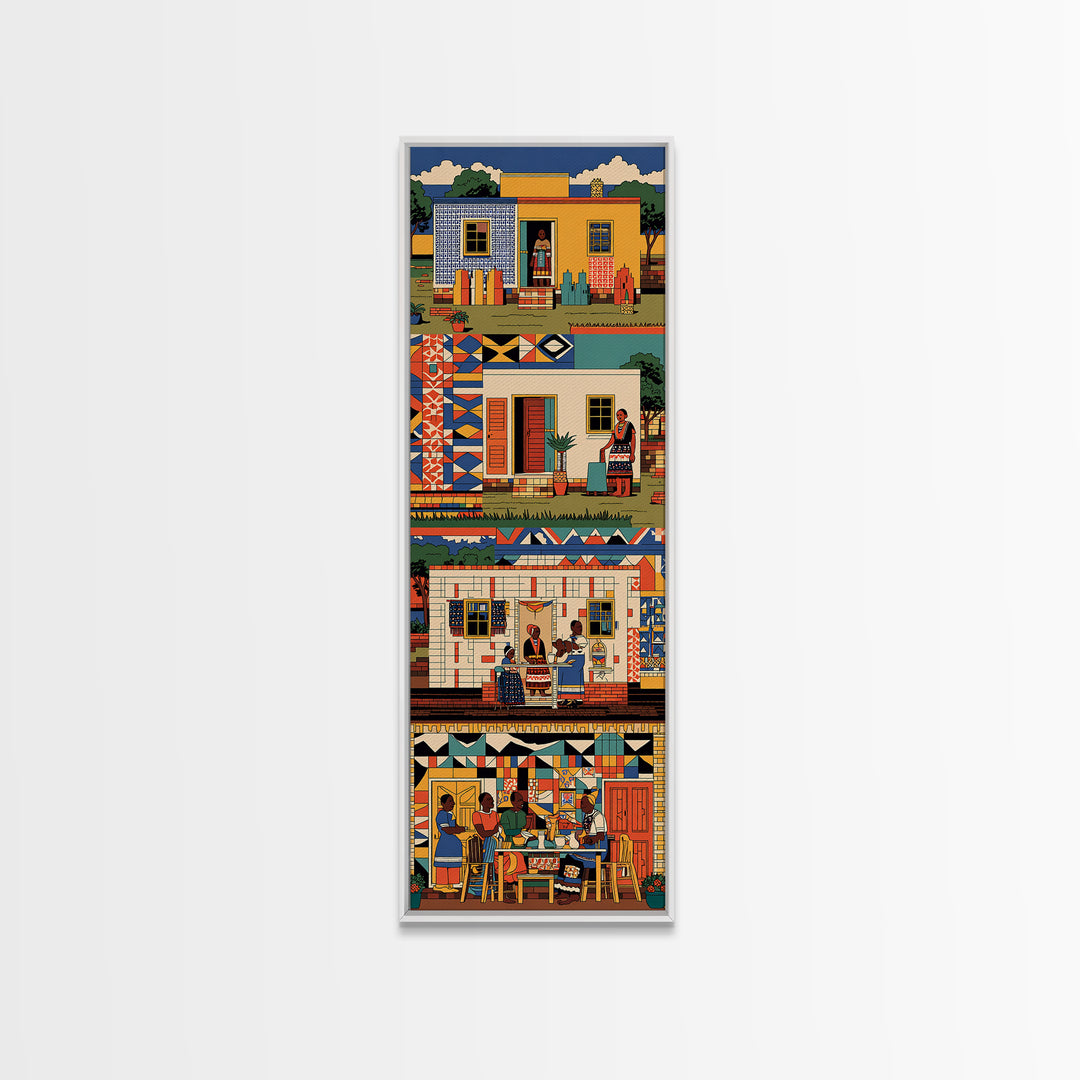 Vibrant African Village Homes Wall Art, Colorful Canvas Print, Folk Culture Poster, Patterned Houses And People Decor Gift