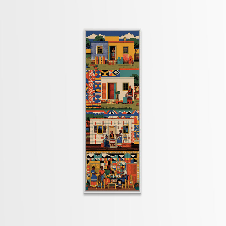 Vibrant African Village Homes Wall Art, Colorful Canvas Print, Folk Culture Poster, Patterned Houses And People Decor Gift