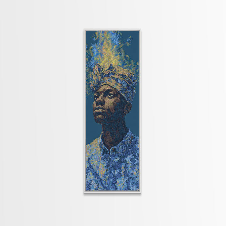 Regal African Man Portrait Wall Art, Blue Gold Framed Canvas Print, Afrocentric Black Culture Decor, Modern Art Gift For Him