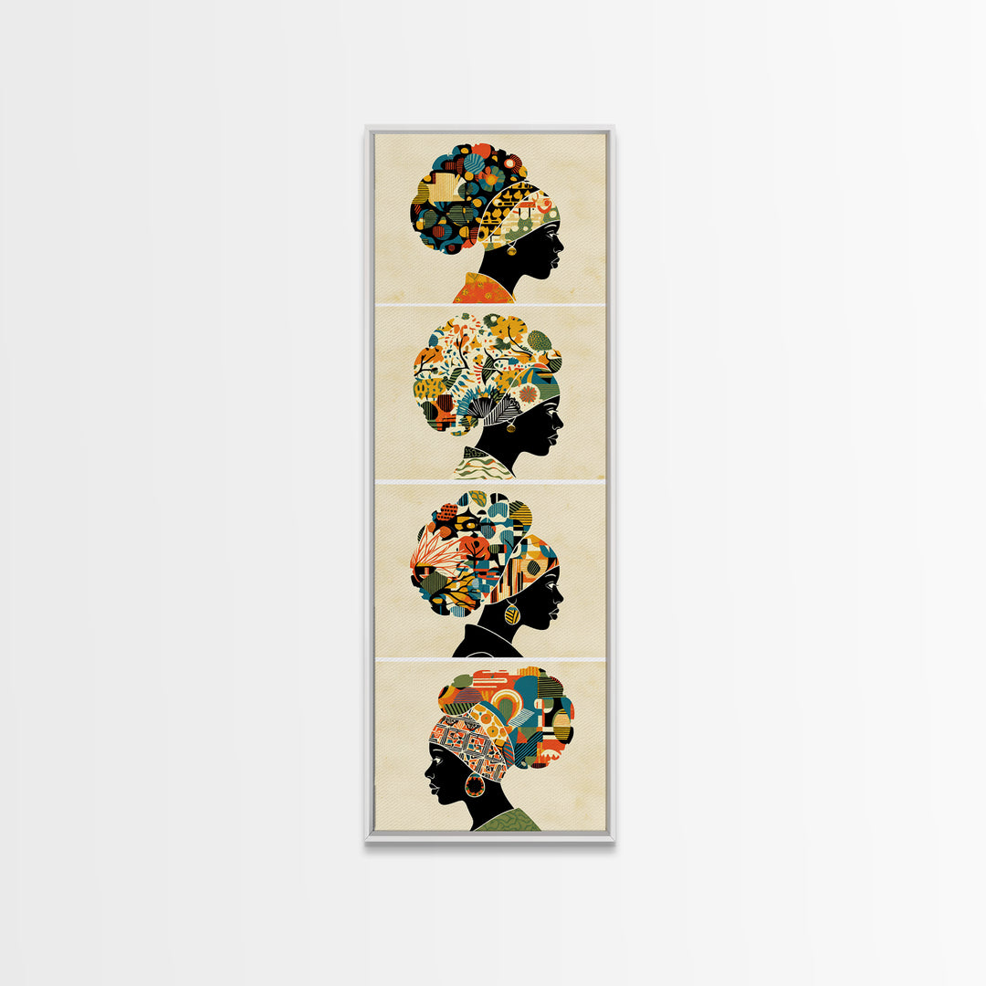 Four Floral Headwrap African Women Wall Art, Black Woman Silhouette Canvas Print, Afrocentric Ankara Decor Art Gift For Her
