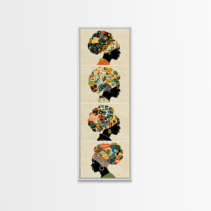 Four Floral Headwrap African Women Wall Art, Black Woman Silhouette Canvas Print, Afrocentric Ankara Decor Art Gift For Her