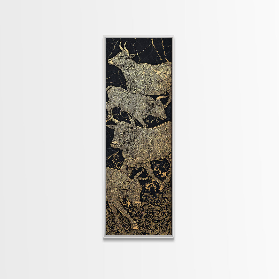 Gold Line African Cattle On Black Marble Framed Canvas Print, Tribal Animal Wall Decor, Luxury Safari Farmhouse Art Gift