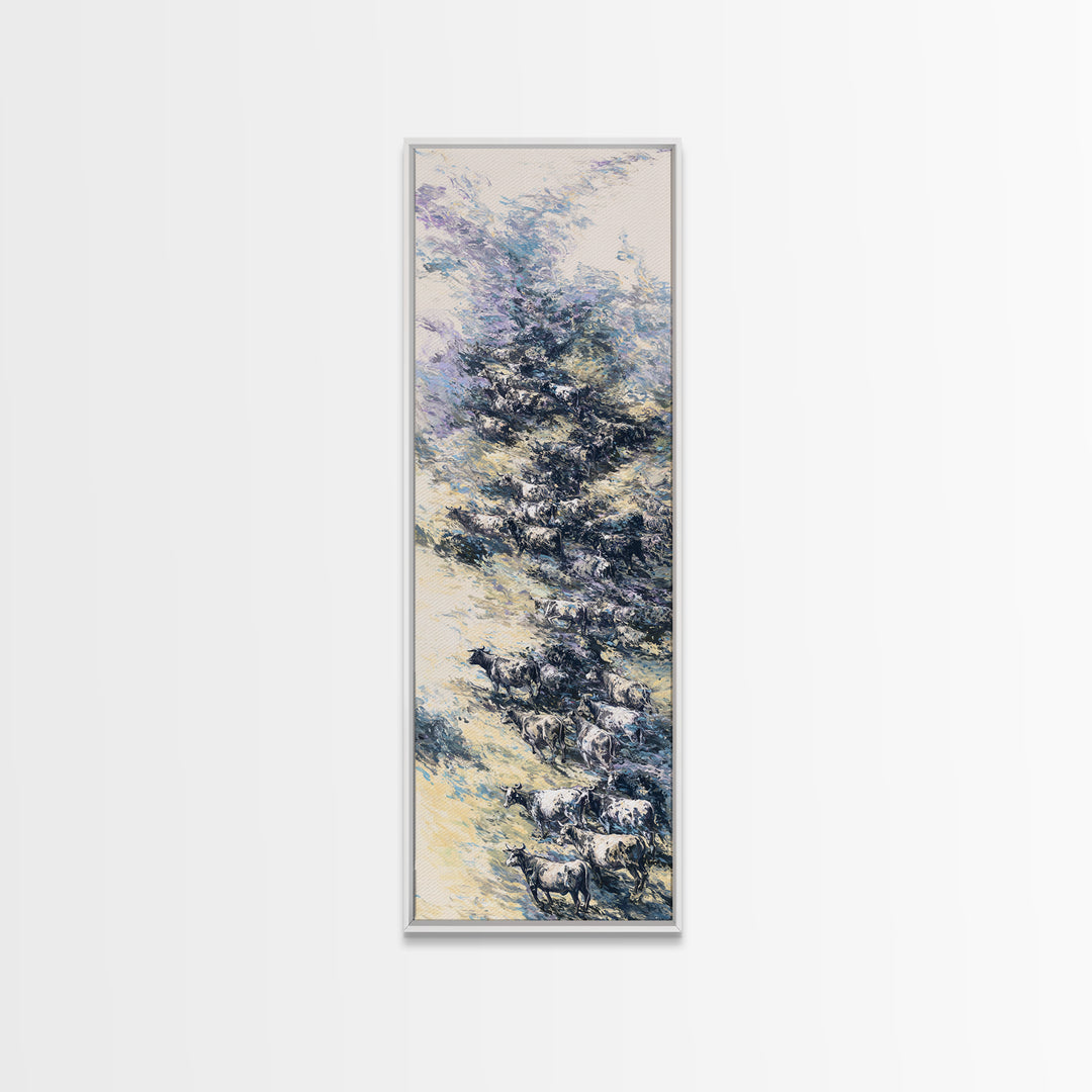 Blue Winter African Tree With Grazing Cattle Wall Art, Serene Safari Landscape, Nature Scene Home Decor For Modern Farmhouse