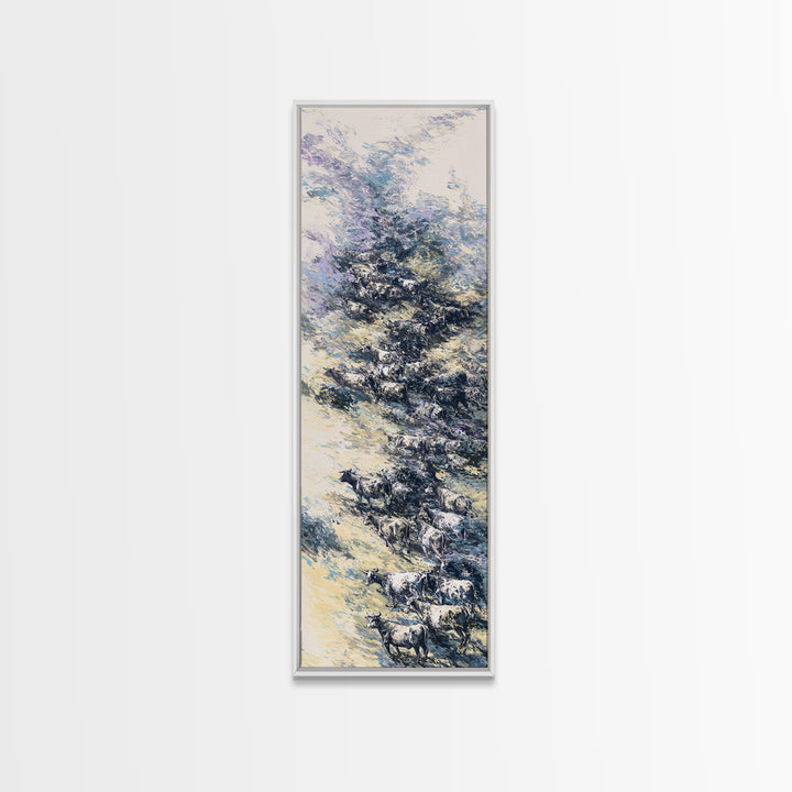 Blue Winter African Tree With Grazing Cattle Wall Art, Serene Safari Landscape, Nature Scene Home Decor For Modern Farmhouse
