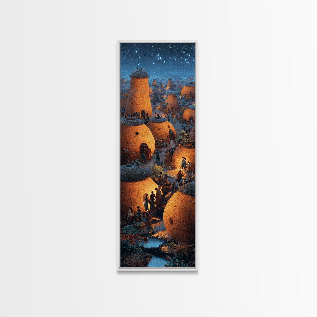 Glowing African Village At Starlit Night With Clay Huts Canvas Print, Afrocentric Wall Decor, Magical Motherland Home Art