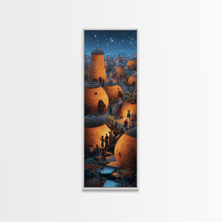 Glowing African Village At Starlit Night With Clay Huts Canvas Print, Afrocentric Wall Decor, Magical Motherland Home Art