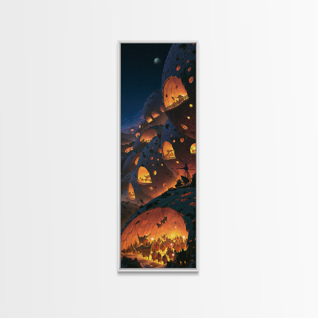 Futuristic African Dome City With Glowing Lanterns Wall Art, Afrofuturism Decor, Starry Night Sci Fi Landscape Print For Home Decor