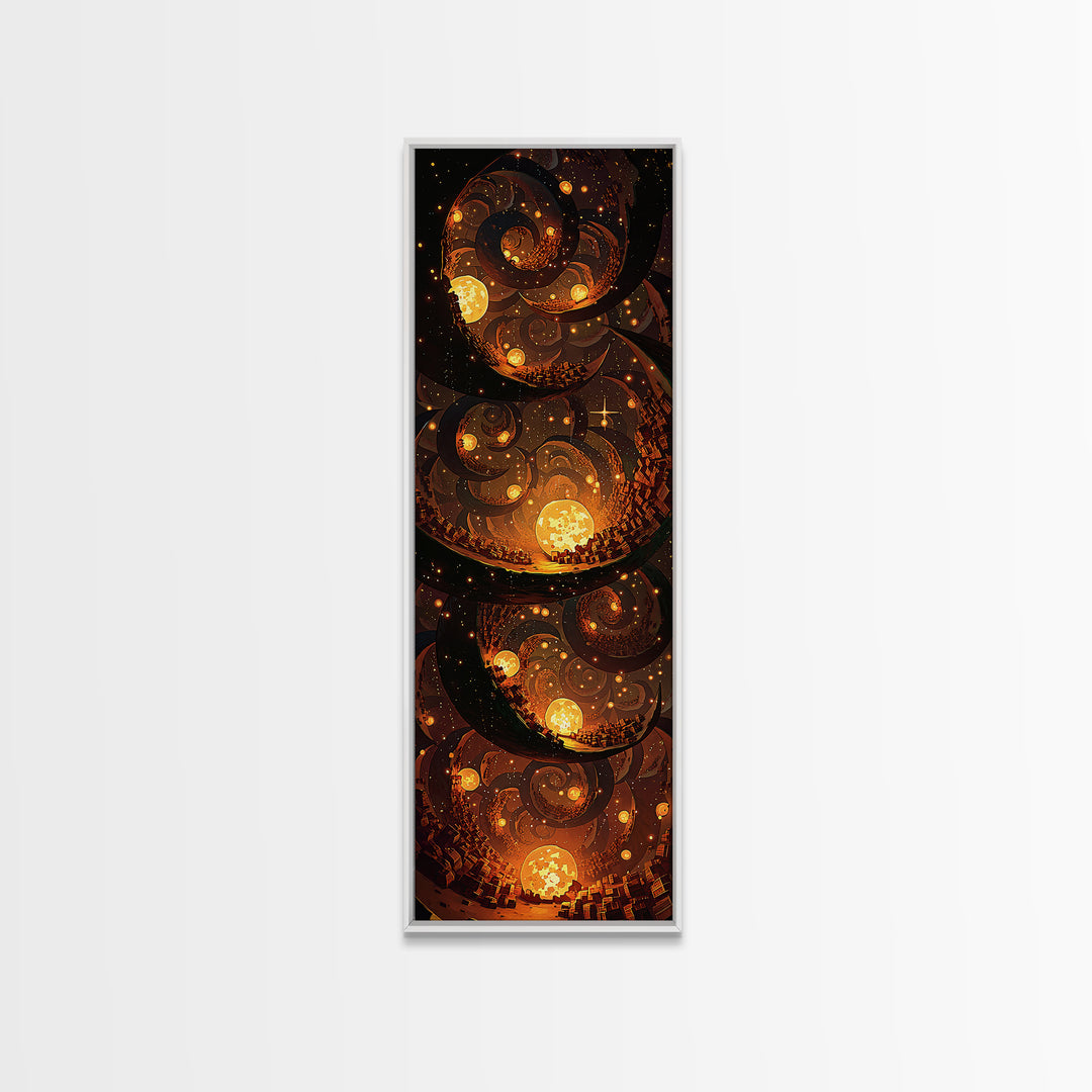 Golden Spiral Suns In A Mystical Night Sky, Canvas Print, Abstract Wall Art, Spiritual Decor, Bohemian Home Decor Gift For Bedroom