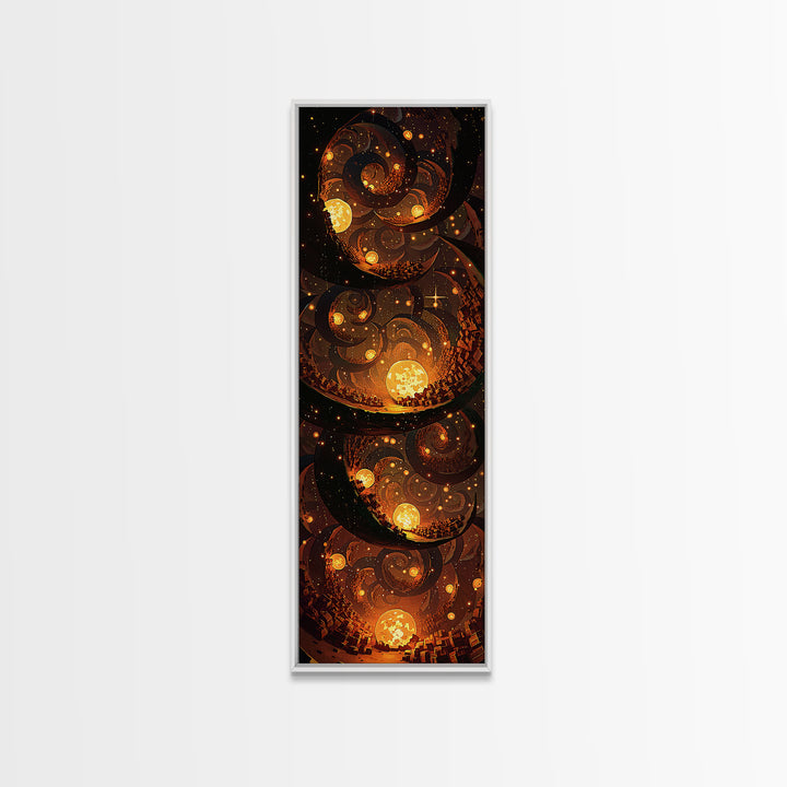 Golden Spiral Suns In A Mystical Night Sky, Canvas Print, Abstract Wall Art, Spiritual Decor, Bohemian Home Decor Gift For Bedroom