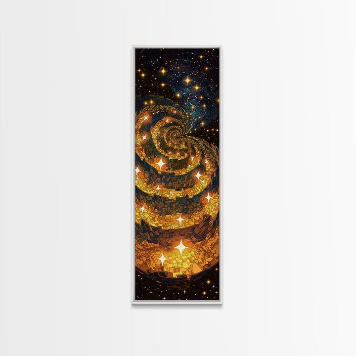 Golden Galaxy Spiral With Starry Night Lights, Canvas Print, Abstract Wall Art, Celestial Decor, Modern Statement Artwork