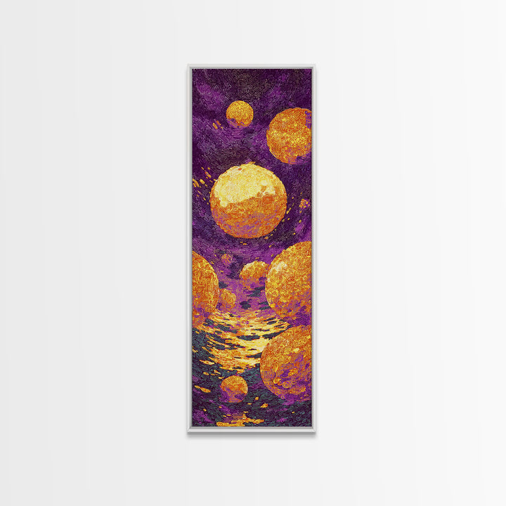 Floating Golden Planets Over Purple Cosmic Water, Canvas Print, Abstract Wall Art, Vibrant Decor, Unique Home Decor Gift