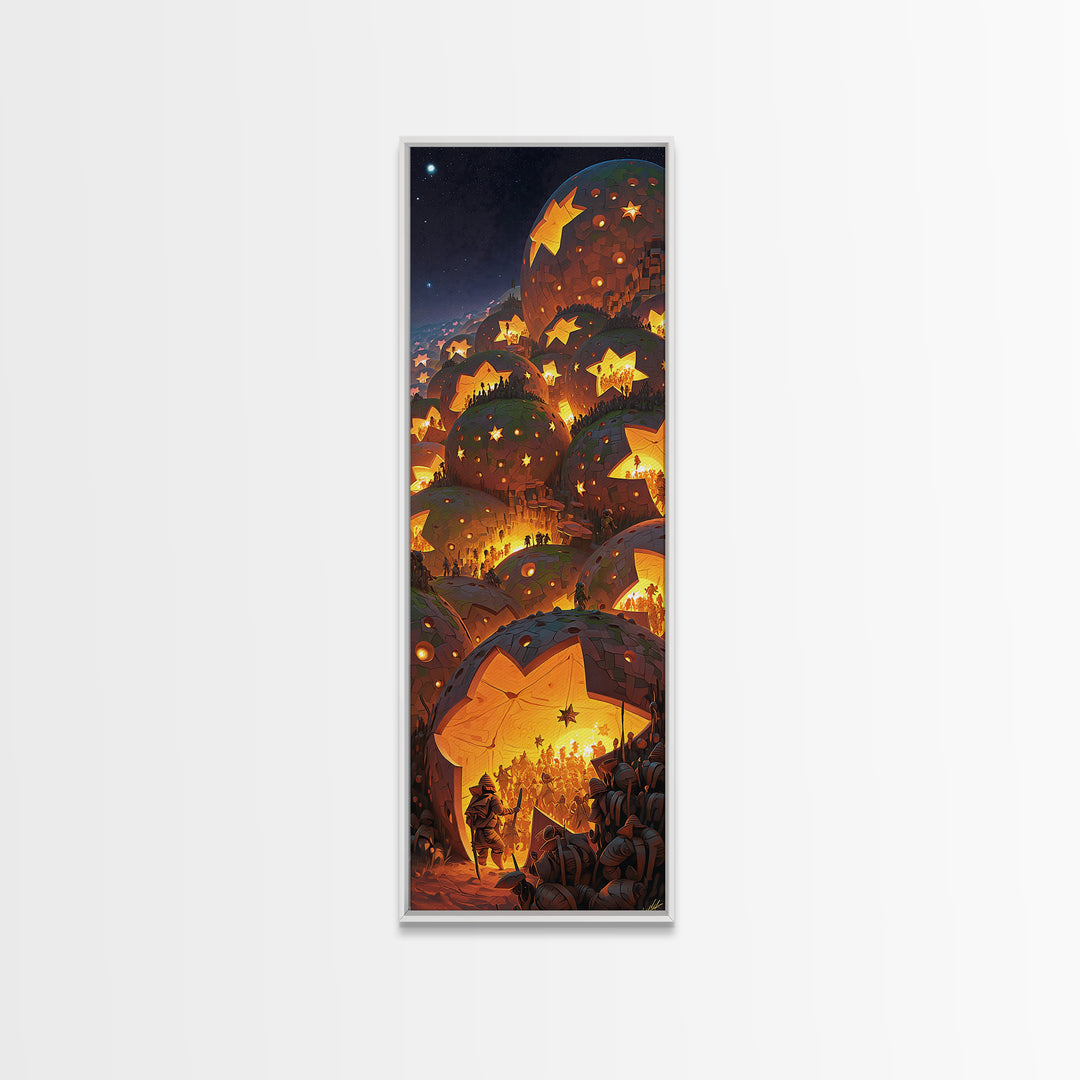 Glowing Star Lantern Village In Dreamy Mountains, Canvas Print, Wall Art, Cozy Night Decor, Magical Living Room Artwork Gift