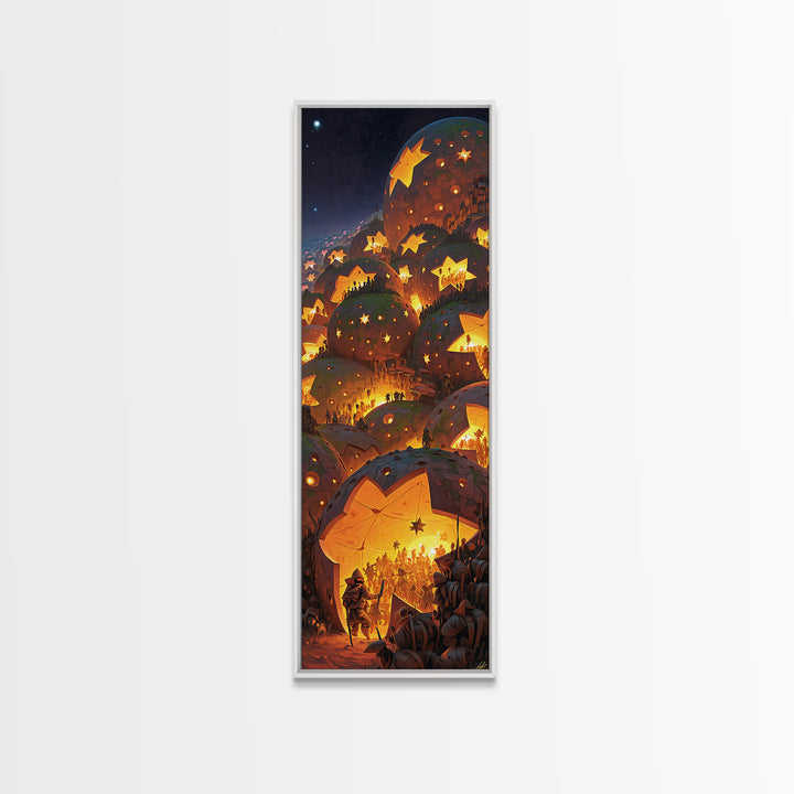 Glowing Star Lantern Village In Dreamy Mountains, Canvas Print, Wall Art, Cozy Night Decor, Magical Living Room Artwork Gift