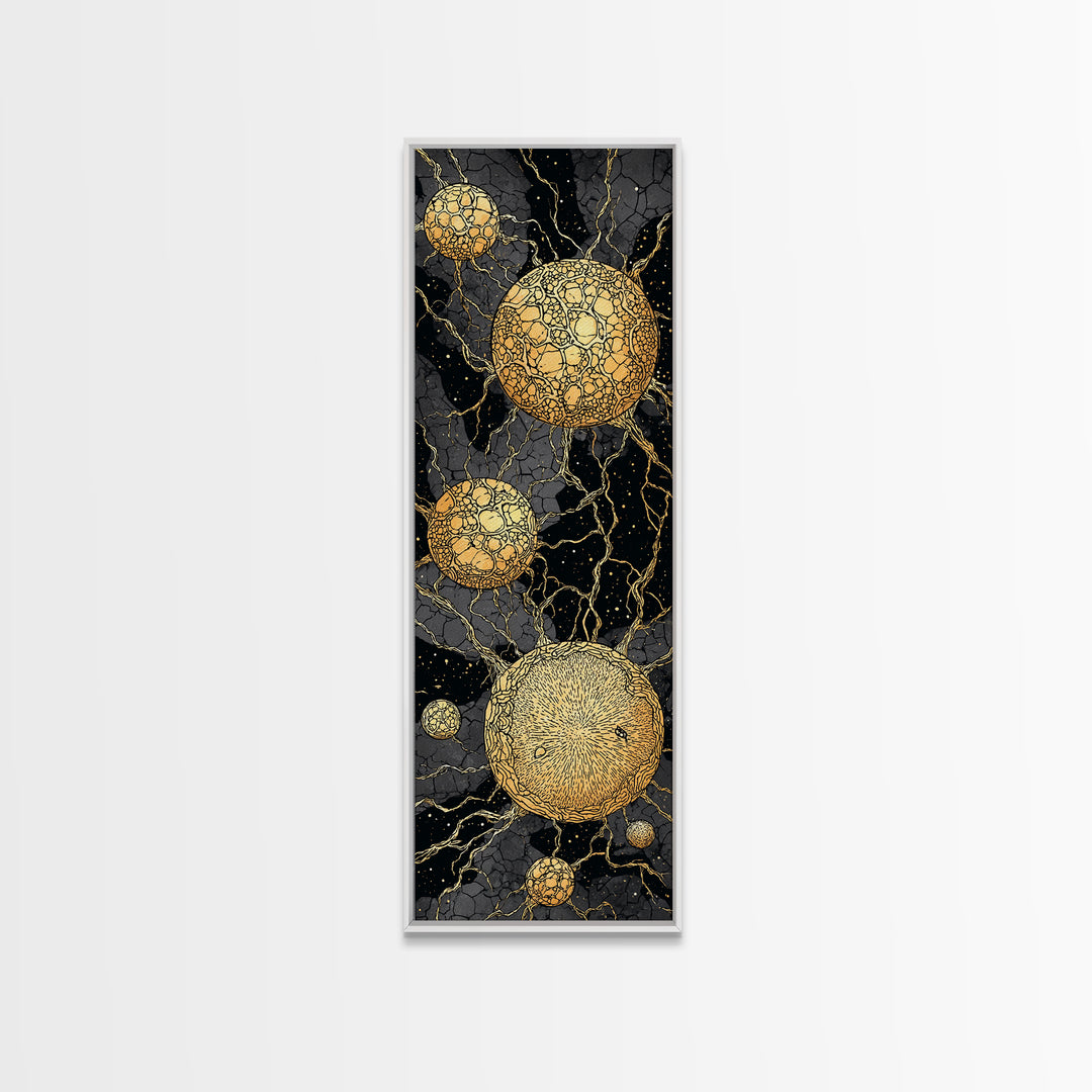Cracked Golden Spheres With Marble Veins, Framed Canvas Print, Abstract Wall Art, Black And Gold Decor, Luxury Artwork For Home