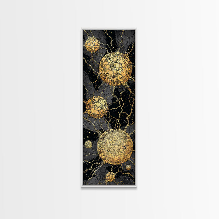 Cracked Golden Spheres With Marble Veins, Framed Canvas Print, Abstract Wall Art, Black And Gold Decor, Luxury Artwork For Home