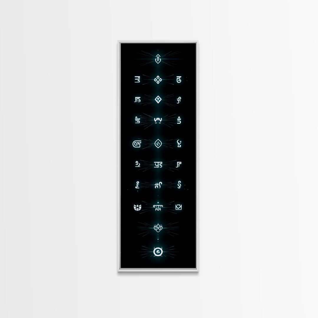 Glowing Cyan Mystic Glyphs Wall Art, Afrocentric Abstract Symbols, Spiritual Minimalist Black Decor, Modern Tribal Canvas Print