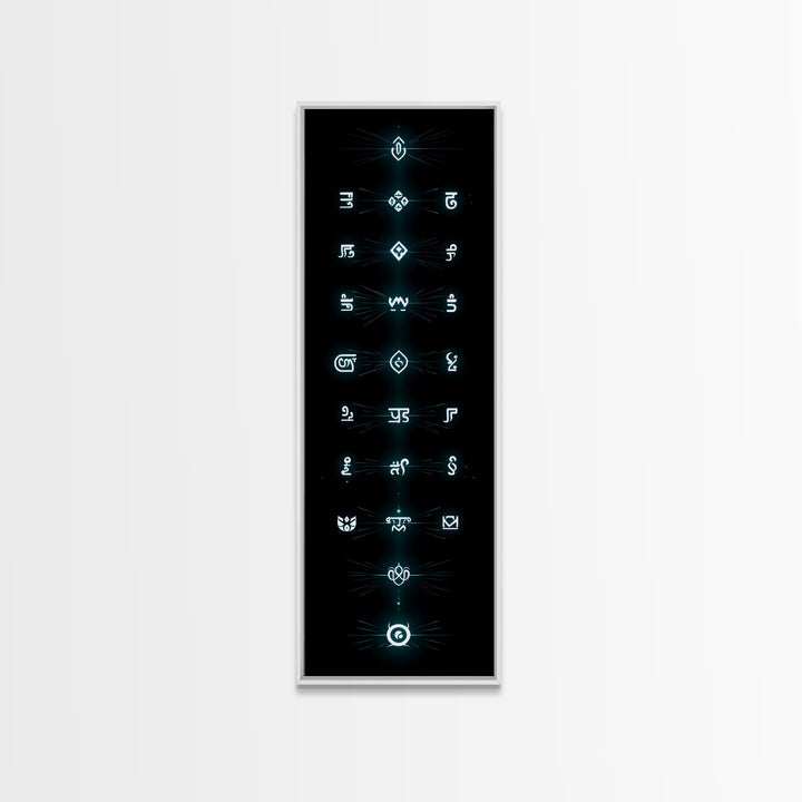 Glowing Cyan Mystic Glyphs Wall Art, Afrocentric Abstract Symbols, Spiritual Minimalist Black Decor, Modern Tribal Canvas Print