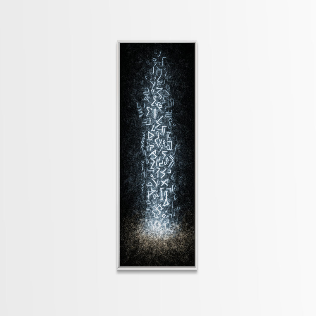 Ancient White Glyph Column Wall Art, Abstract African Tribal Art Print, Spiritual Black Decor, Ethnic Modern Canvas Print