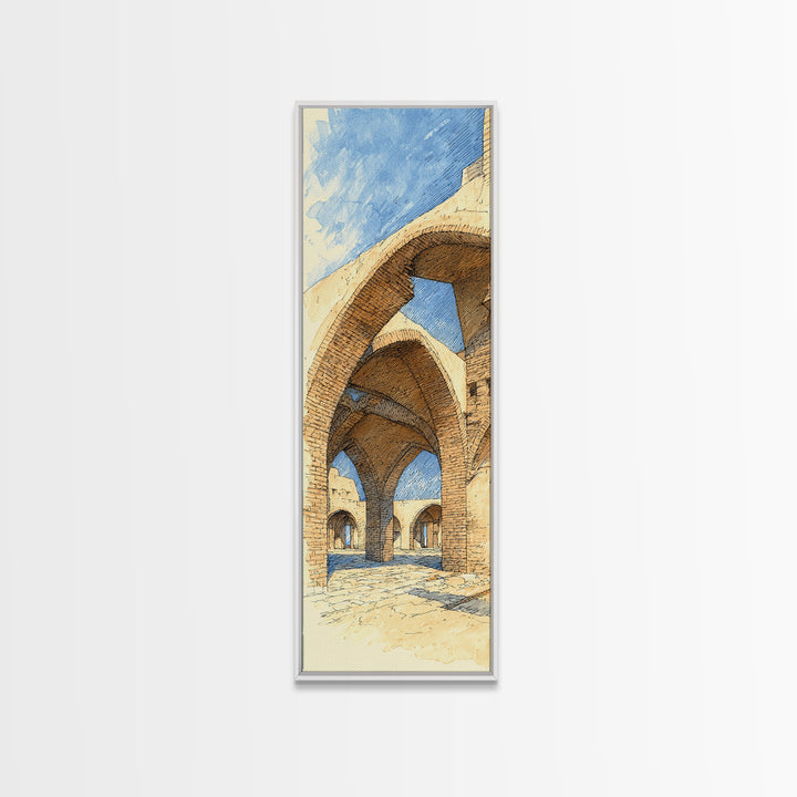 Sunlit Stone Arches Canvas Print, Morocco Africa Architecture Wall Art, Blue Beige Travel Decor, Bohemian Home Art For Living Rooms