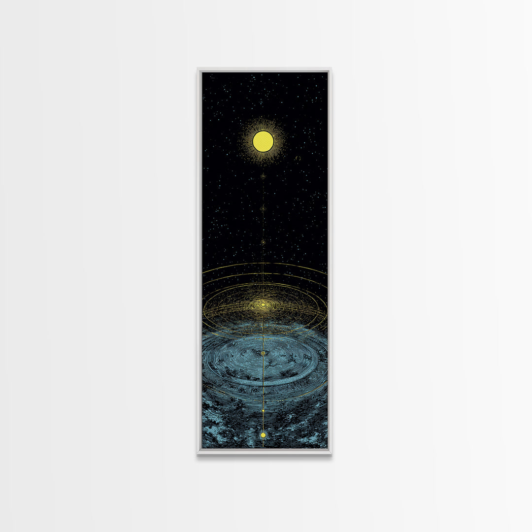 Golden Moon Over Cosmic Water Wall Art, Spiritual Celestial Abstract, Meditation Room Decor, Modern Black Canvas Print Gift