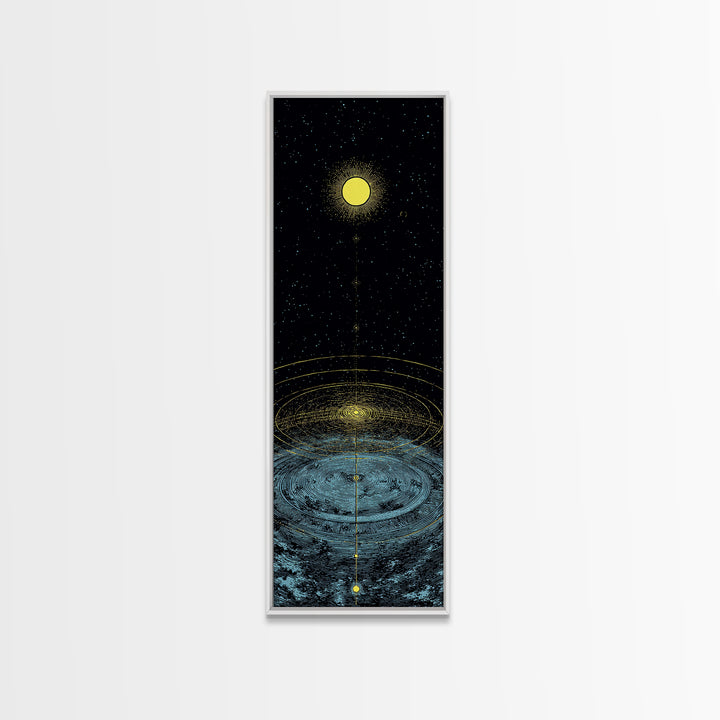 Golden Moon Over Cosmic Water Wall Art, Spiritual Celestial Abstract, Meditation Room Decor, Modern Black Canvas Print Gift