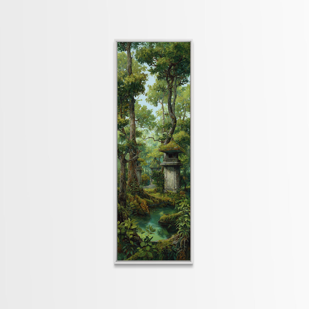 Ancient Jungle Shrine And Emerald Stream Wall Art, Mystical Forest Landscape, Nature Scene, Green Botanical Home Decor Print