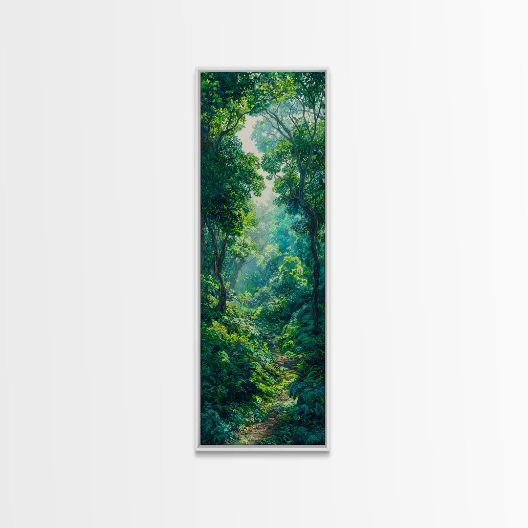 Sunlit Rainforest Path With Lush Green Leaves Framed Canvas Print, Jungle Decor, Nature Scene, Dreamy Wall Art Gift For Living Room