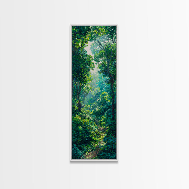 Sunlit Rainforest Path With Lush Green Leaves Framed Canvas Print, Jungle Decor, Nature Scene, Dreamy Wall Art Gift For Living Room